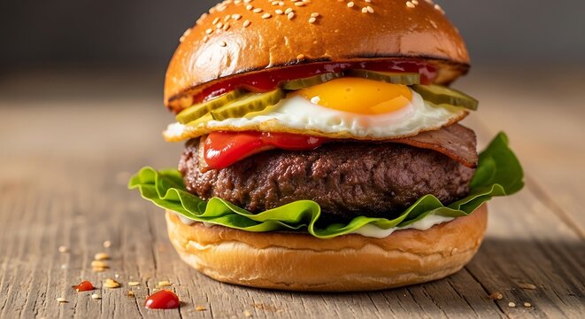 Delicious burger with egg and ingredients on wooden table close up
