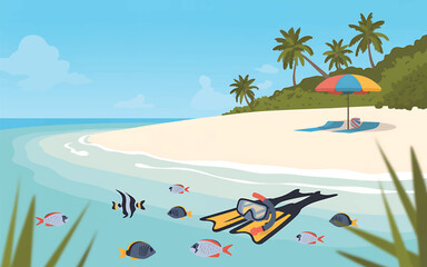 Snorkeling gear with yellow flippers and a mask, floating in shallow tropical beach water with fish © srdesignhouse