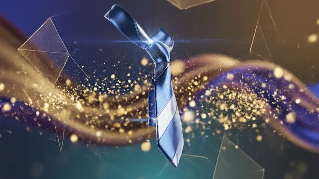 Elegant blue and silver striped necktie, formal menswear accessory, displayed with shimmering golden and blue flowing ribbons and bokeh lights, sophisticated style
