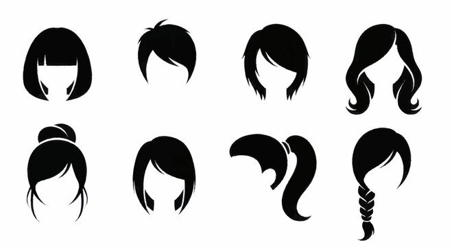 Collection of various female hairstyles and haircuts in silhouette.