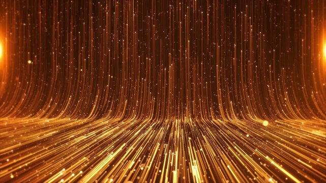 Podium shining golden floor particles background arch. blinking light gold bokeh, stage for product, 4k abstract luxury background. stars dust. Futuristic glittering movement flickering loop in space