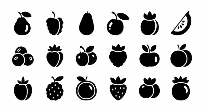 Collection of Various Fruit Silhouettes and Berry Icons.