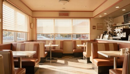 Fototapeta premium modern cafe interior with wooden tables and chairs in bright natural sunlight