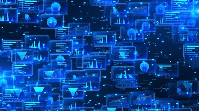 Digital world map interface with glowing charts, data windows, and analytics panels, representing global communication, data exchange, futuristic technology, cyber intelligence, virtual connectivity