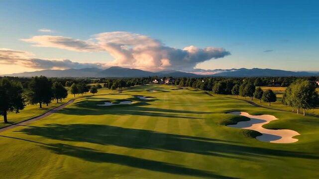 Aerial drone view of a lush green golf course at sunset, manicured fairways, sand traps, scattered trees, and distant mountains under a dramatic cloud formation