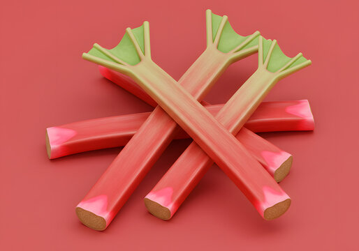 Rhubarb stalks arrangement on red background