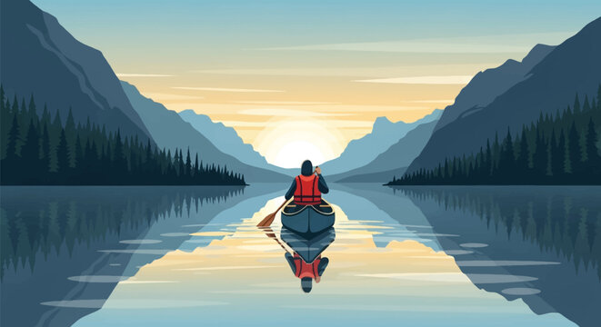 Vector illustration of a person in a canoe with an orange life vest paddling on a calm mountain lake during sunrise, featuring pine tree reflections and a bright sun over the horizon.