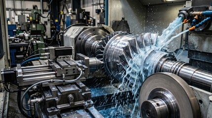 Fototapeta premium Automated feed system in action during compressor rotor coolant grinding highlighting fluid flow and highprecision surface finishing process.