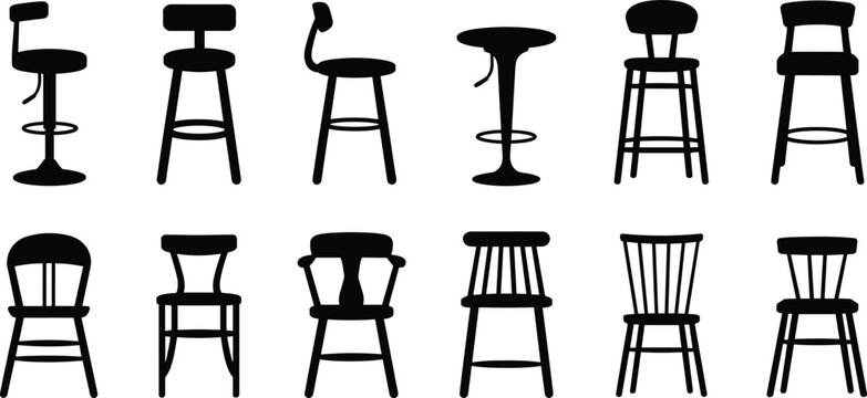 Chair and stool silhouettes collection, furniture design vector, modern seating illustration, interior decor concept, black minimalist art, home style graphic