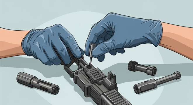 Close-up vector illustration showing hands in blue nitrile gloves assembling mechanical firearm components, frame parts, and metallic accessories on a light gray flat surface.