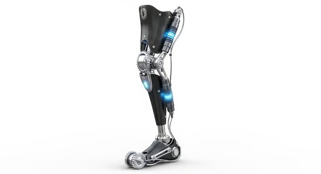 Advanced bionic leg prosthetic with blue accents on white background