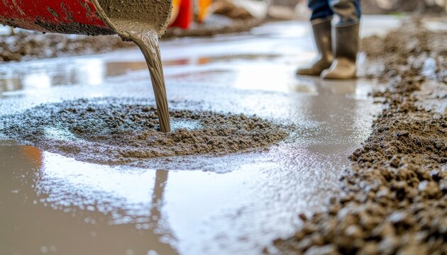 Pouring Wet Concrete Mix for Construction Foundation.