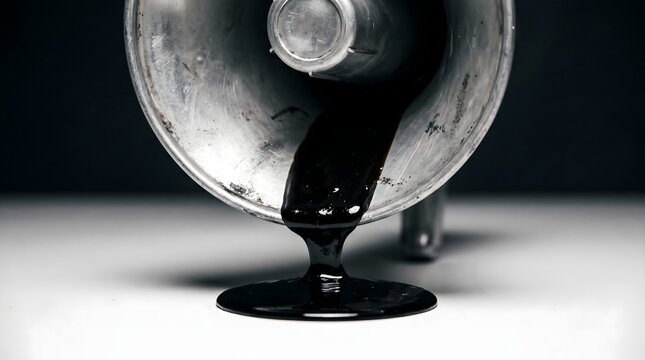 Thick black sludge oozes from the bell of an old megaphone, a powerful visual metaphor for the toxicity of propaganda, corruption in media, and the staining of truth with misinformation.