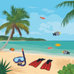 Snorkel mask, orange flippers on a sandy beach with palm trees, tropical sea, and colorful fish in the ocean © srdesignhouse