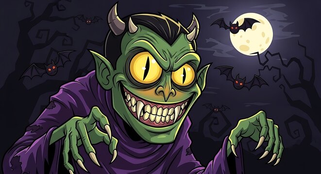 Green Cartoon Monster Grinning Under Full Moon