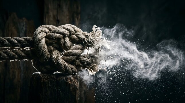 The violent disintegration of a heavy knotted rope under insurmountable pressure, representing the definitive breaking point of resilience and the explosive release of tension.