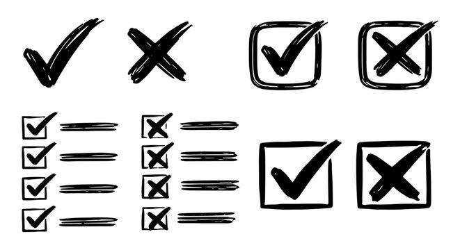 Hand Drawn Black Checklist Symbols With Tick Marks And Cross Signs Set