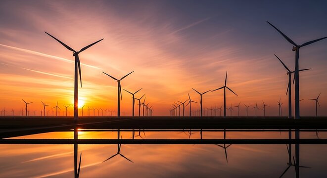 Wind turbines at sunset.