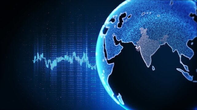 world Indian Rupee Symbol, Silver Coin Stacks, and Upward Arrow Chart for Financial Growth Indian waving over financial stock market chart symbolizing economy, economic events network, global Business