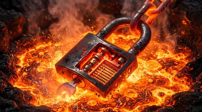 A heavy iron padlock with exposed internal gears forged in a bed of molten lava, representing the ultimate trial by fire for security and the creation of unbreakable digital protection.