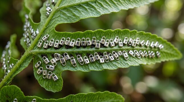 Miniature silver padlocks clinging to the underside of a lush fern leaf, a surreal metaphor for the locked secrets of genetic information and the protection of natural wisdom.