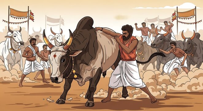 Intense Bull Charging Ring in Desert Arena with Men in White Cloths