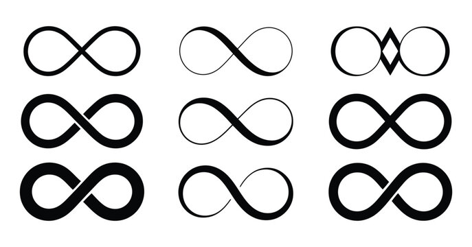 Infinity symbols, eternal and infinite loop icon collection, clean minimal line art and solid style vector pack for tattoos