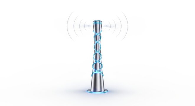 Glowing wireless power tower with blue lines and signals
