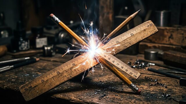 Bright sparks erupt from the intersection of two wooden rulers and two pencils in a dimly lit workshop setting.