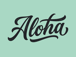 Aloha Hawaiian Greeting Hand-Lettered Script Calligraphy on Mint Green Background © amat