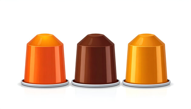 Three Coffee Pods in Orange and Brown Colors on White Background.
