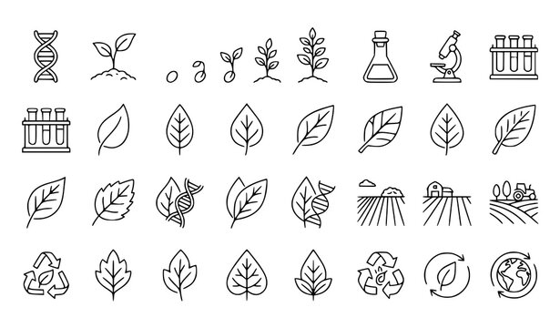 Agricultural biotechnology and plant science line icon set with DNA crop growth laboratory and sustainable farming symbols vector collection