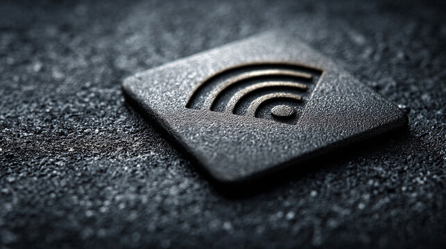 Wifi symbol engraved into a dark square stone surface represents modern connectivity and digital communication infrastructure for business networking and global internet access solutions.