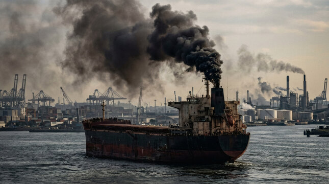 Large cargo ship emitting dark smoke from its chimney while sailing near industrial port with cranes and factories in the background