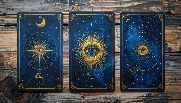 Mystical Tarot Cards Laid Out on Wooden Table for Fortune Telling.