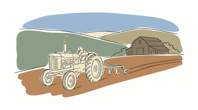 Vintage Tractor Plowing Field Near Barn on Farm.