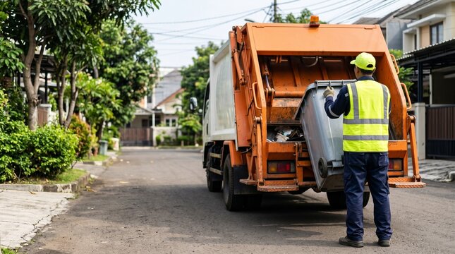 Garbage Collector Loading Trash Bin into Truck in Residential Neighborhood