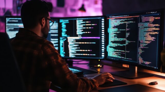 programmer working on multiple computer screens in dark room
