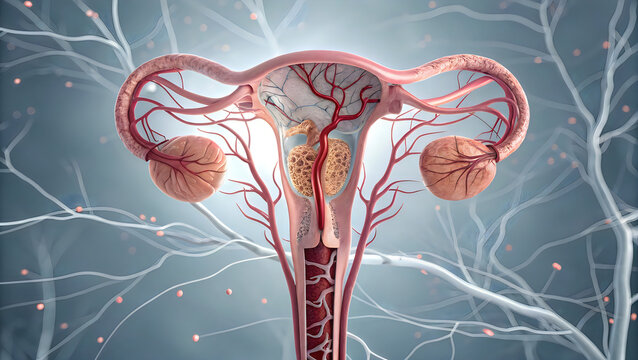 Anatomical illustration of the female reproductive system focusing on the uterus and ovaries