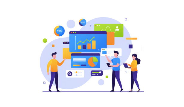 Abstract business teamwork with analytics dashboard stylish landing page web vector illustration design