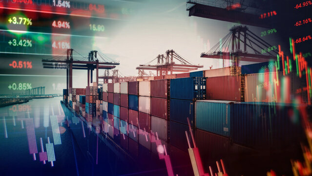 Global maritime trade dynamics and port sector performance driven by real-time financial metrics and market indicators. Featuring a container terminal and shipping cranes overlaid 