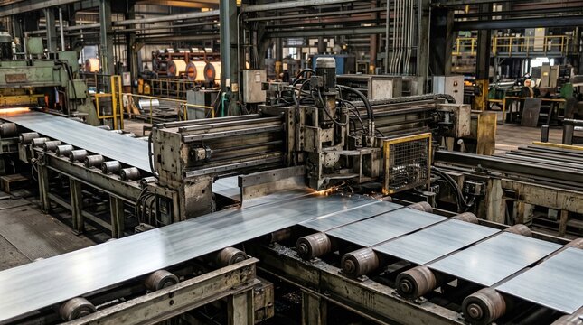 Medium shot of flying shear machine precisely cutting metal strips to length showcasing industrial efficiency and automated metal processing.
