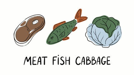 Fototapeta premium Freshly Prepared Meat Fish and Cabbage Illustration.