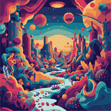 Colorful Futuristic Space Exploration Flat Art Design,Abstract Cosmic Fantasy World with Mountains and Stars,

Retro Futurism Style Alien World Environment Illustration,Dreamy Celestial Landscape wit,