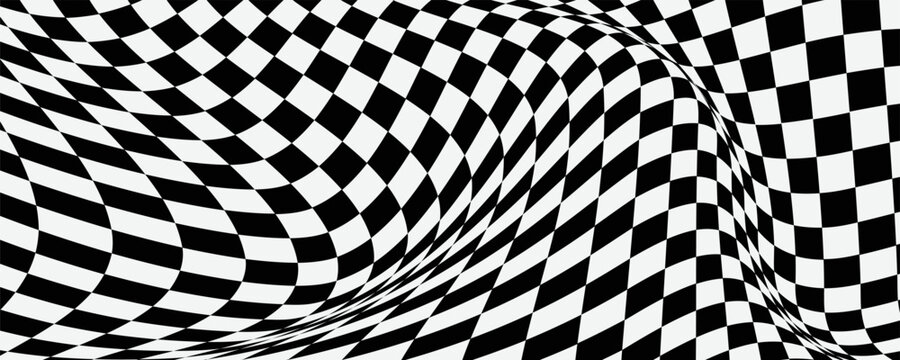 Black and white checker pattern vector illustration. Chess board. Abstract checkered checkerboard for game. Grid geometric square shape. Race flag. Retro mosaic checkerboard psychedelic pattern.
