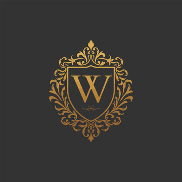 Royal Gold Letter W Shield with Decorative Floral Filigree,

Luxury Hotel and Boutique Monogram Letter W Logo Template.