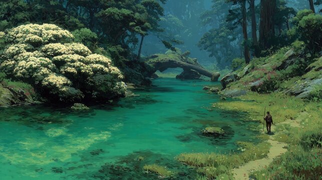 Man walking by a green river in a forested area