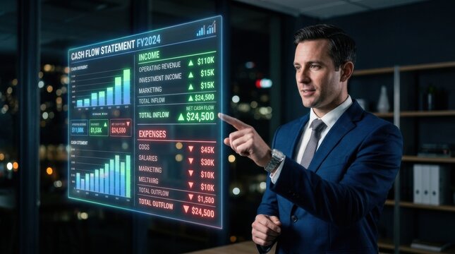 Businessman explains a holographic cash flow statement in a modern finance office with city lights in the background while showing data insights.