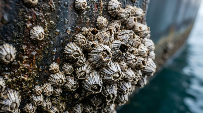 Closeup of a cluster of barnacles attached to a rocky surface near water