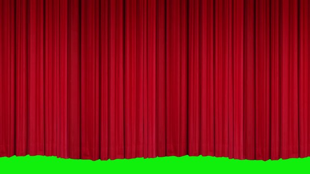 Cinematic red velvet curtain rising toward the top side to reveal green screen backdrop with smooth fabric animation, ideal for movie intros, broadcast transitions, and theatrical presentations.